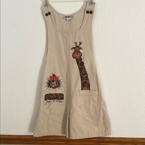 Vintage 90s Haik’s Khaki Hand-painted Giraffe Denim Shortalls Jumper Medium